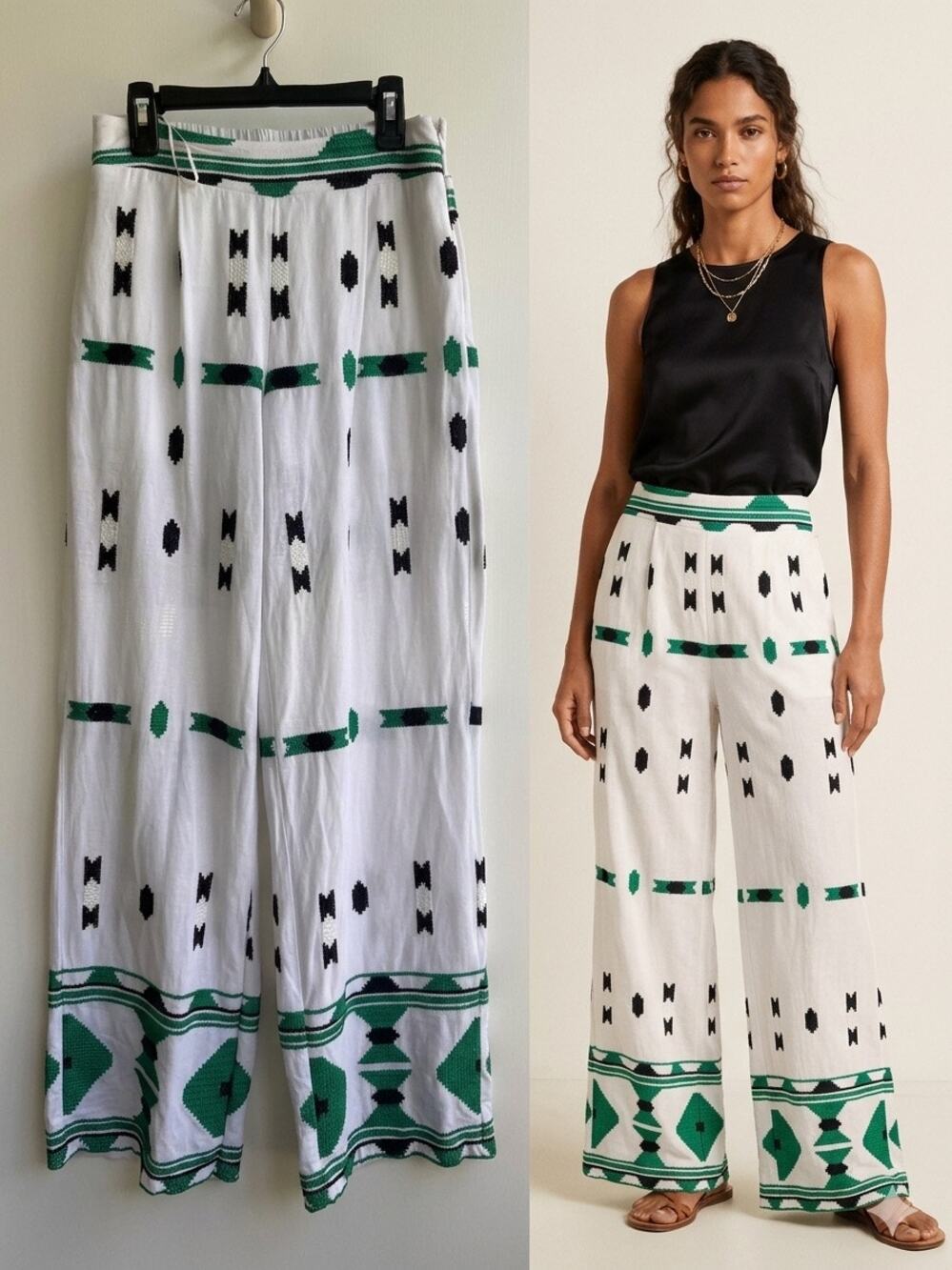 Skunk Embroidered Linen Pants Size 36 Small Wide Leg Boho Summer Resort Wear